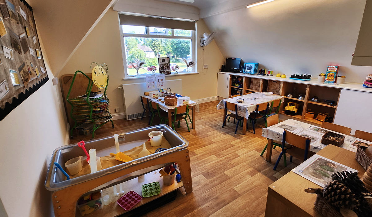 Activity tray set up with sand at Partou Acorns in Adel nursery and pre-school in Leeds