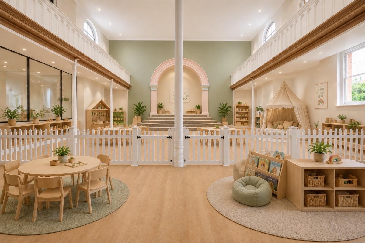CGI of the new Partou Norwood Day Nursery & Pre-School opening in West Norwood, London in October 2026, showing a bright and spacious early years learning environment with sage green feature walls, soft blush pink archways, natural wood furniture, cosy reading areas, neutral-toned play spaces and abundant natural light. Decor and resources shown are for illustrative purposes.