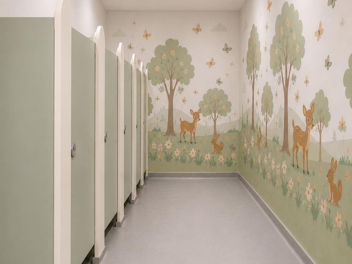 CGI of the new Partou Norwood Day Nursery & Pre-School opening in West Norwood, London in October 2026, featuring child-friendly washroom cubicles in soft sage green tones alongside a woodland-inspired mural with deer, rabbits, butterflies and flowering trees in calming green, cream and beige shades. Decor and resources shown are for illustrative purposes.