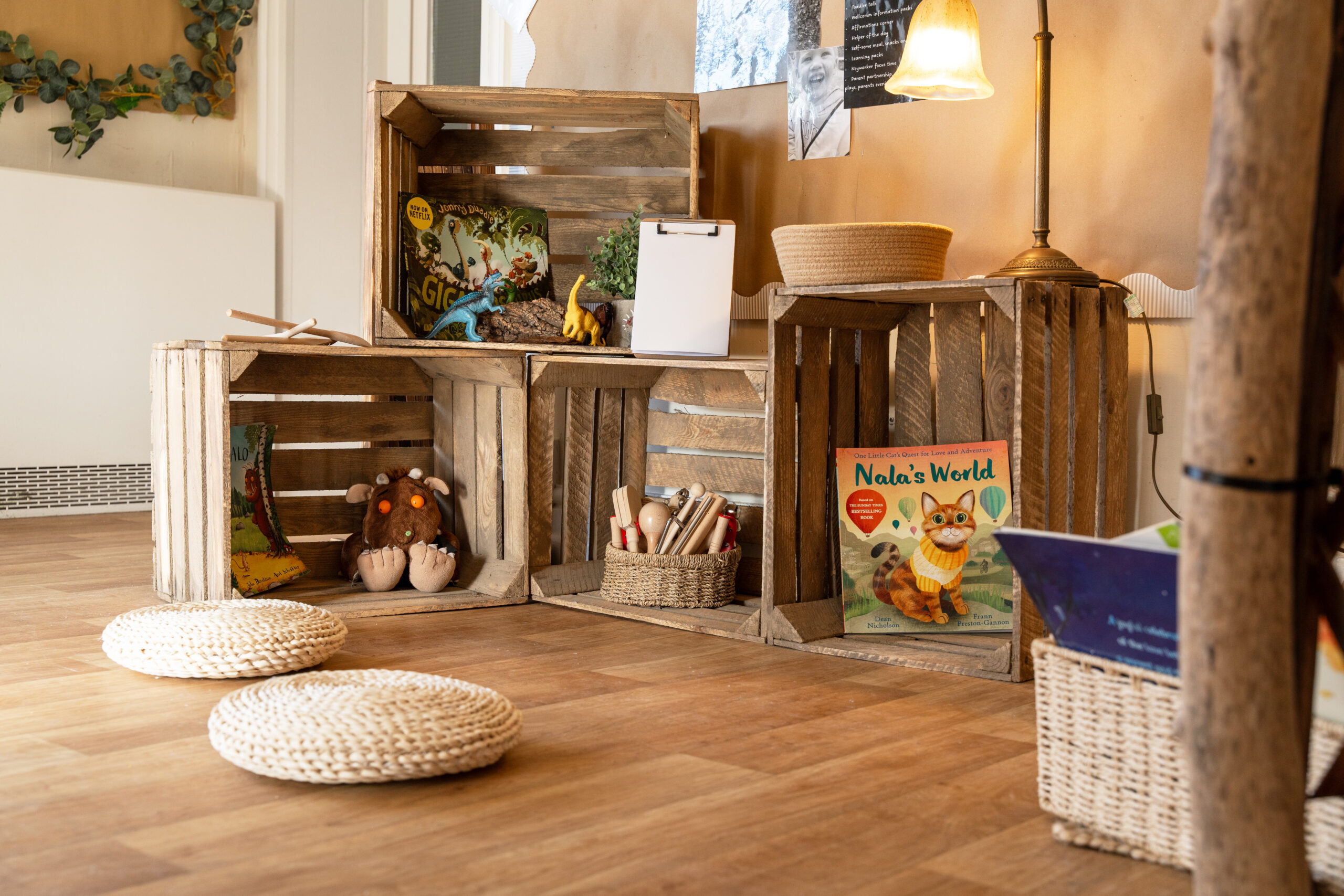 Wooden boxes containing children