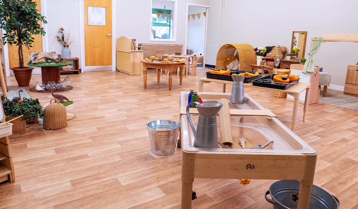 Toddler room at Smileys nursery in Stafford with sandpit and sensory pumpkin play zones