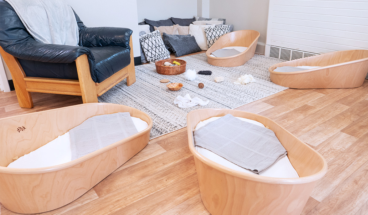 Baby room at Smileys nursery in Stafford with wooden safe sleep beds