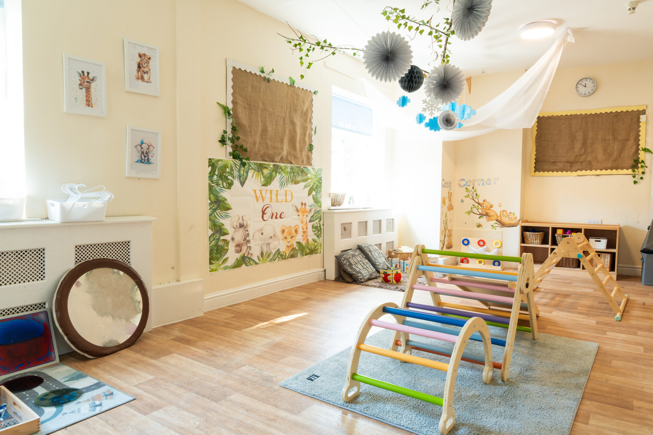 Wooden indoor climbing obstacle at Safehands nursery in Harrogate