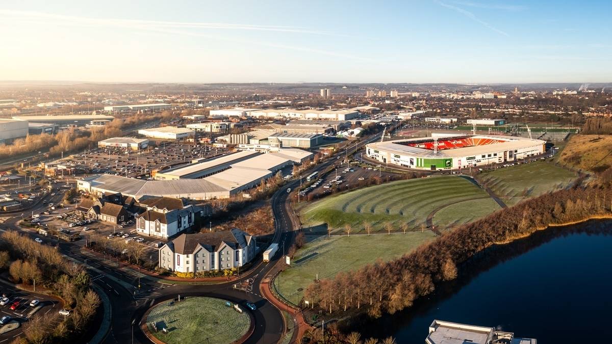 Aerial view of Doncaster cityscape