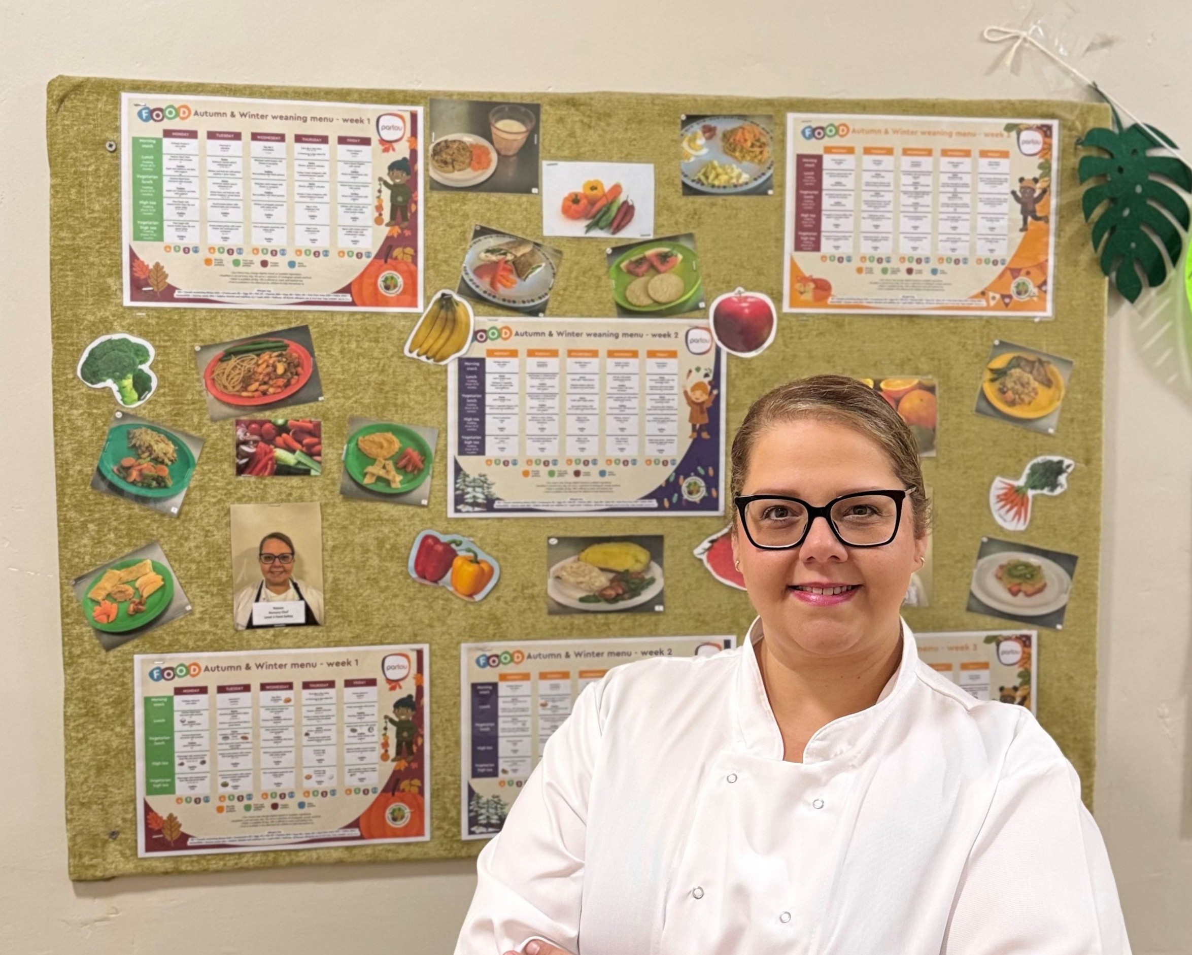 Chef from Partou Progress House Day Nursery & Pre-School celebrating a Chef of the Year shortlist, standing in a white chef